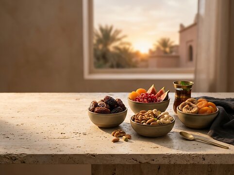 Iftar table with dates, nuts, and fruits served in bowls at sunset.