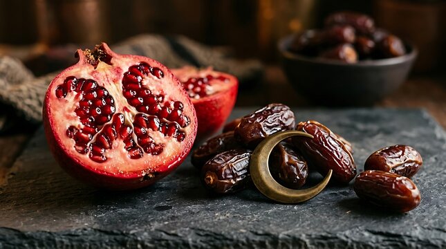 Pomegranate with dates and moon ornament symbolizing Ramadan iftar.