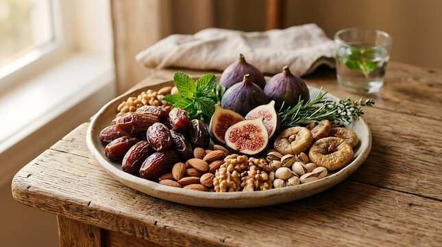 Healthy fruit and nut platter with figs dates almonds walnuts pistachios.