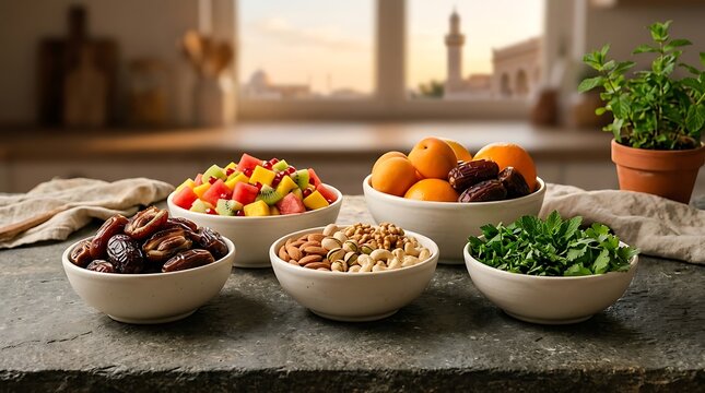 Assortment of fruit nuts dates and herbs in bowls with city view.