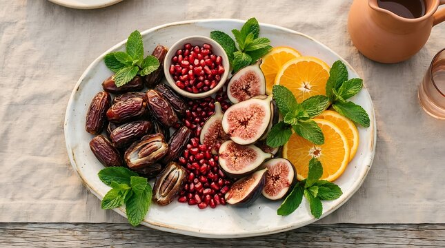 Fruit platter with dates, figs, pomegranate, orange and mint.
