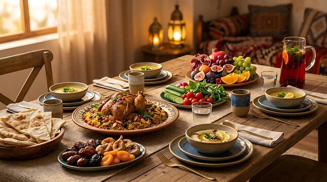 Ramadan meal with chicken, rice, hummus, and fruits on table.