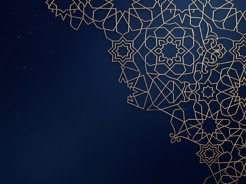 Intricate gold islamic geometric pattern overlay on dark blue background.