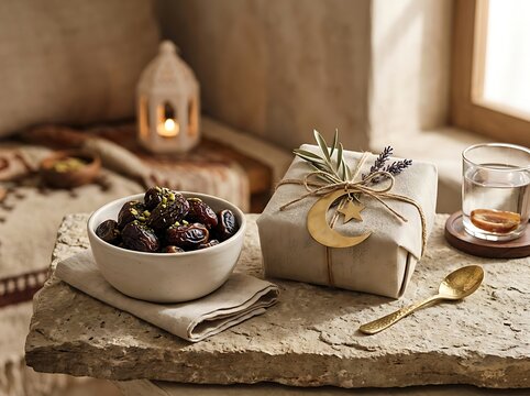 Ramadan gift box with dates figs nuts and crescent moon decoration.
