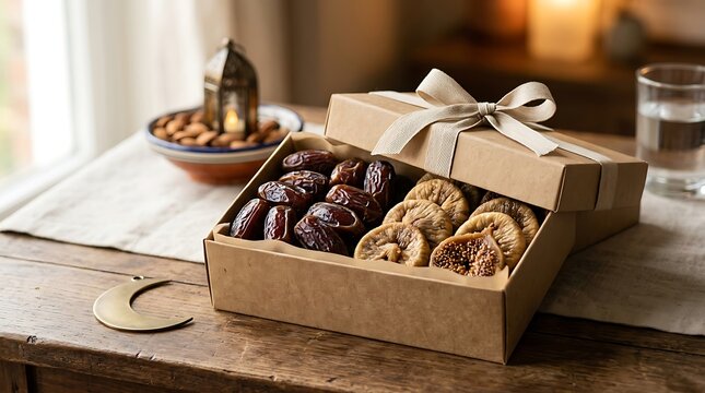 Open gift box filled with dates and dried figs for Ramadan celebration.