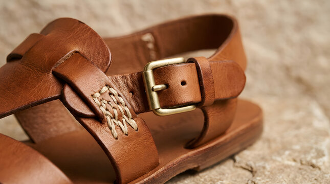 Close-up of a finely crafted brown leather sandal strap with a shiny metal buckle