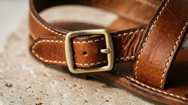 Artisan-crafted brown leather sandal detail, highlighting the quality stitching and metal buckle