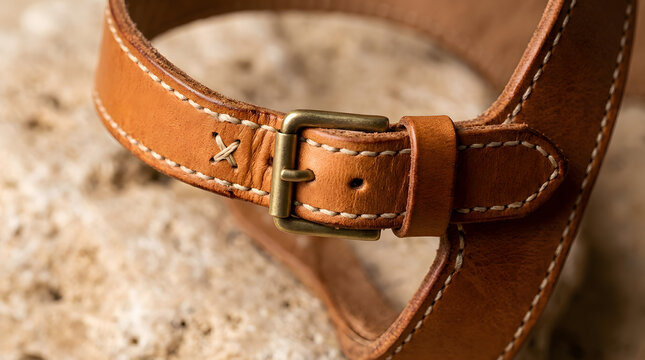 Close-up of brown leather dog collar buckle with white stitching