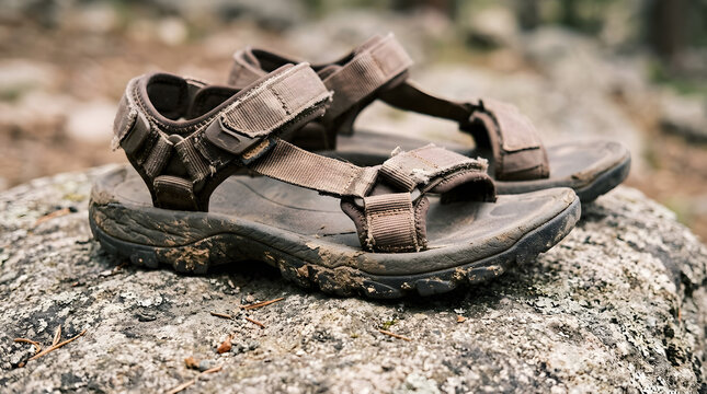 Dirty hiking sandals resting on a rough stone surface during an outdoor trip