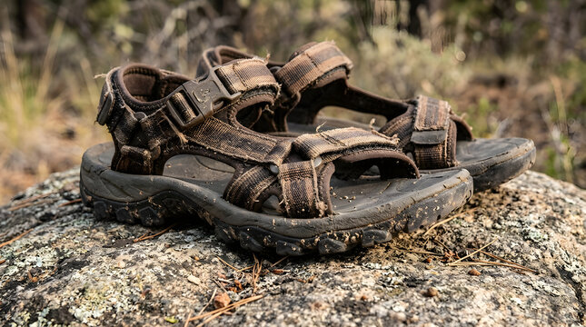 Outdoor adventure sandals resting on a natural rock surface