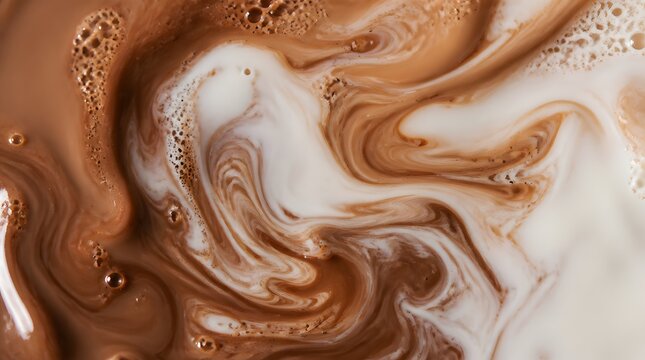 High-angle macro shot of creamy milk swirling into rich brown coffee or chocolate liquid, creating abstract marble patterns and tiny bubbles.