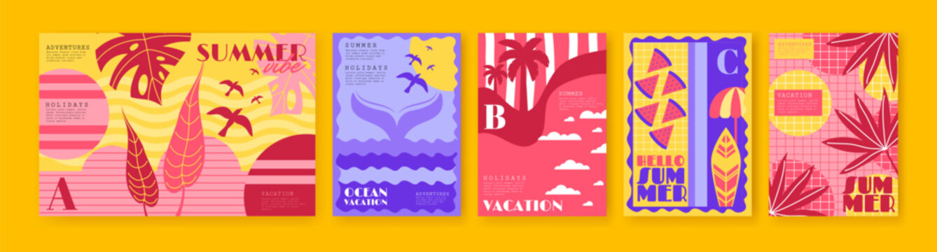 Summer beach. Travel background. Poster with palm, sun, fruit tropical vibe. Vacation pattern of ocean. Sunset sea holiday. Resort party. Colorful travel cards, exotic foliage. Vector garish banners