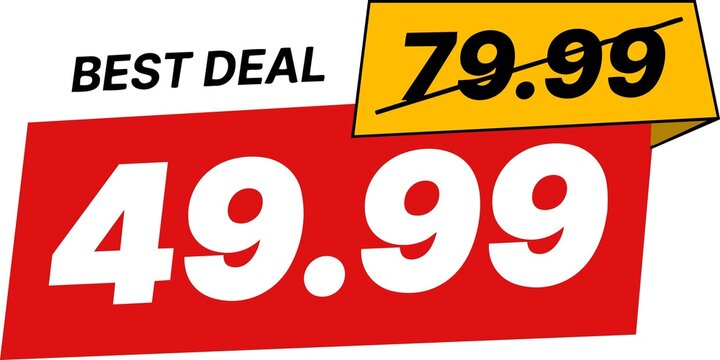 A discounted price sign with a best deal offer and a red background