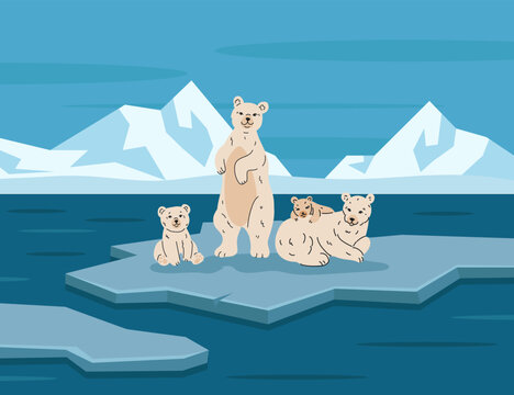 Polar bear family. Landscape Arctic. Mother, father, baby in winter snow. Cute white wool characters. Parents wildlife mammals. Floating ice cold ocean water, frozen mountains. Vector tidy background