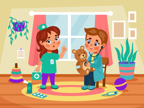 Kids playing doctor. Children treat teddy bear. Medical work for sick toy. Cute cartoon patient in hospital. Healthcare scene. Nurse with first aid, stethoscope, thermometer. Vector tidy illustration