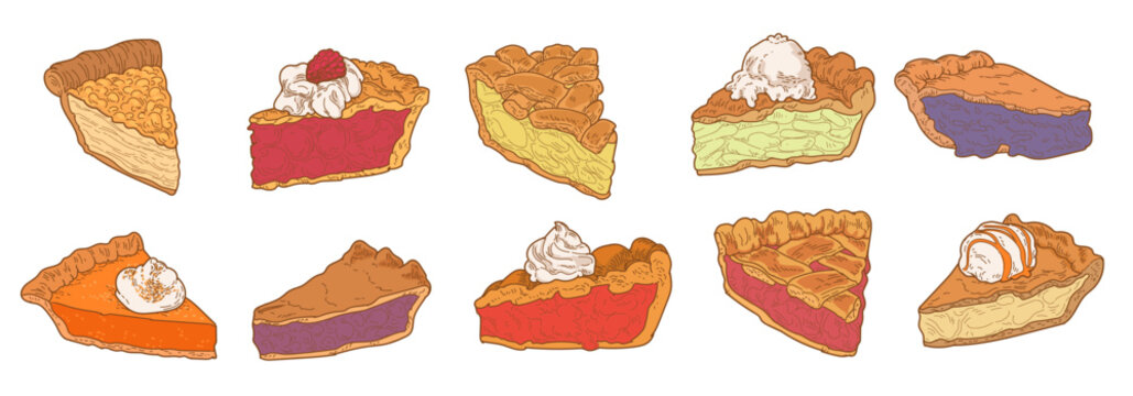 Apple pie slice. Tarts wedges. Colorful autumn food hand drawn. Sketch for Thanksgiving. Bakery dessert with marker texture. Assorted pastry portions with fruit, whipped cream. Vector illustration