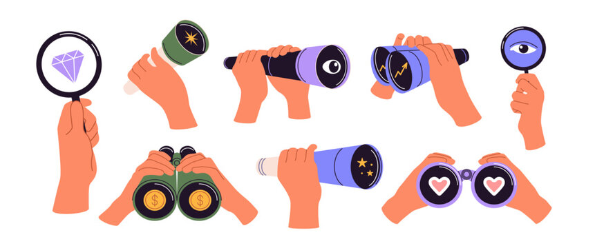 Binoculars in hand. Looking through, holding glasses. Vision of curiosity. Observe magnifier, finding. Search, explore scout spy. Optical tools for discovery, inspection and investigation. Vector set