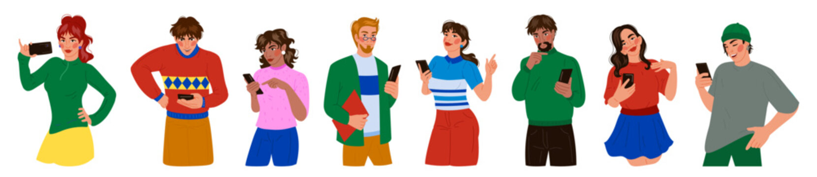 Character with phone. People with smartphones, using digital devices, mobile app. Diverse emotion. Blogger content, photographer, camera shot, selfie, online communication. Vector tidy illustration