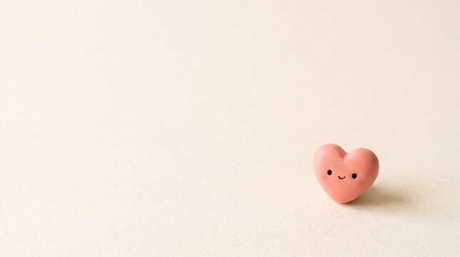 Cute Smiling Pink Clay Heart Character on Ivory Background with Large Copy Space