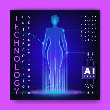 Futuristic AI technology poster with glowing blue human silhouette, neon background, digital grid, artificial intelligence interface. Cyber technology. Modern science fiction vector illustration