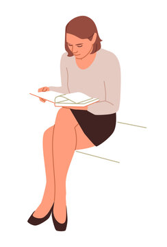 Education and student life illustration. Young woman sitting reading open book. Female student reads literature, learning, studying and personal development. Minimal vector isolated character design