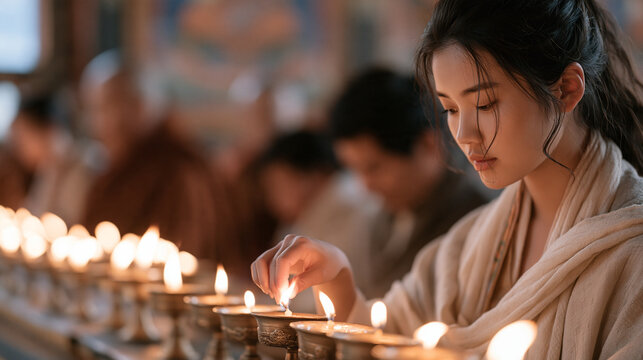 A traditional Bhutanese Buddhist butter lamp offering ceremony, worshippers in elegant kira and gho garments lighting small lamps inside a monastery, monks reciting prayers beside