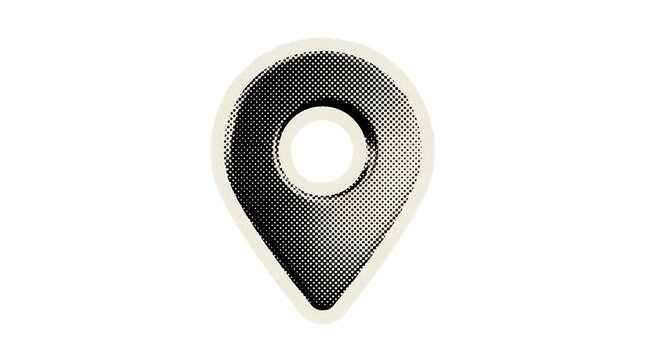 Halftone location pin marker sticker isolated on white background   