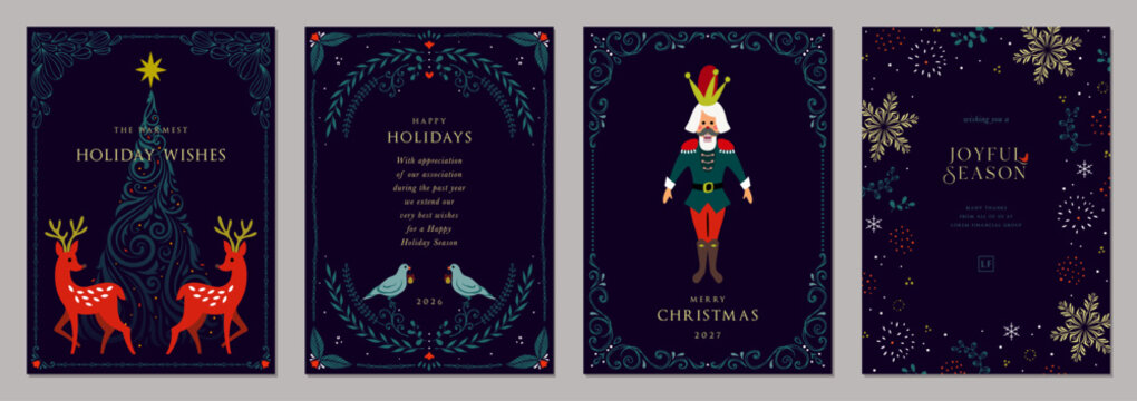 Luxury Christmas vector templates. Winter Holiday cards with decorative Christmas Tree, doves, snowflakes, reindeers, birds and ornate floral frames with copy space and greetings.
