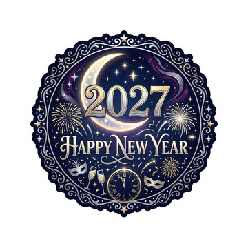 2027 happy new year elegant round sticker with decorative frame and crescent moon on dark background.