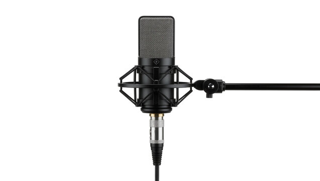 Black professional condenser microphone with shock mount and boom arm