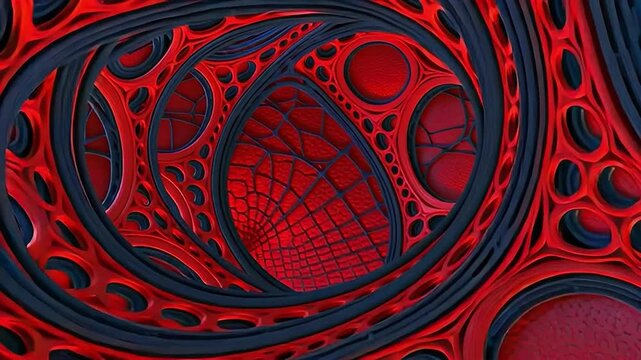 Red and blue cellular arches with layered organic curves