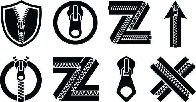 Black zipper logo and emblem vector set with shield letter Z and cross shapes