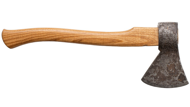 Rustic hand axe with a weathered metal head and a polished wooden handle