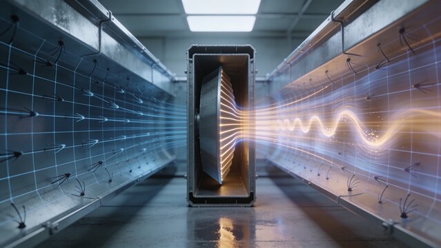 Central rectangular containment housing emitting orange wave in lab tunnel with faceted resonator