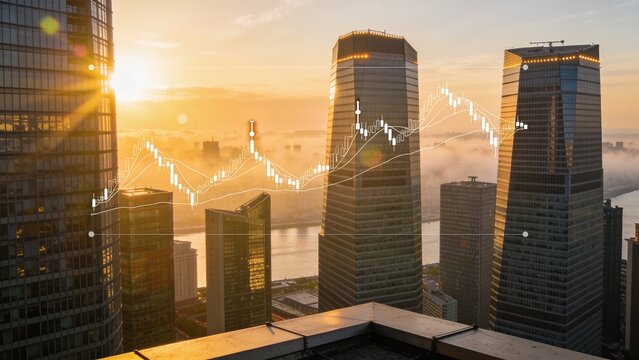 Viewing three towers catching sun flare on roof ledge, river mist and financial charts overlaying