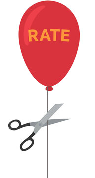 Flat design illustration of a rising red balloon with text rate, symbolizing central bank interest rate hike, inflation surge, and high borrowing costs (cut out)