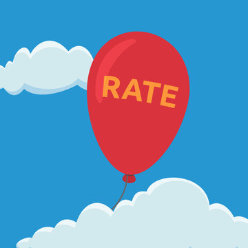 Flat design illustration of a red balloon with text rate flying high into the sky, symbolizing rising interest rates, inflation surge, and high loan costs