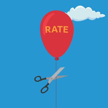 Flat design illustration of scissors cutting the string of a rising rate balloon, symbolizing monetary policy and rate cuts