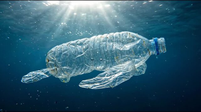 A clear plastic bottle resembling a sea turtle drifts beneath the water surface as sunlight streams through the ocean above