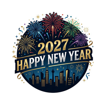 Happy New Year 2027 cityscape sticker with fireworks and golden glowing skyscrapers.
