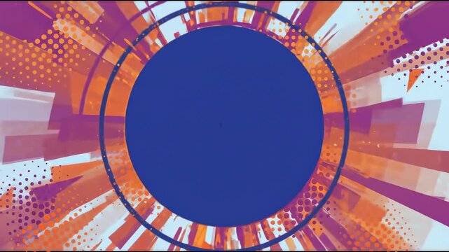A blue circle sits at the center as orange and purple geometric shapes, lines, and dot patterns spread across a light blue background