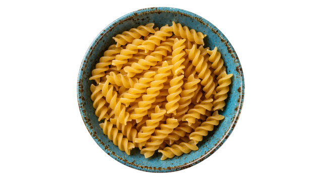 Dry uncooked fusilli pasta spirals in a rustic blue ceramic bowl