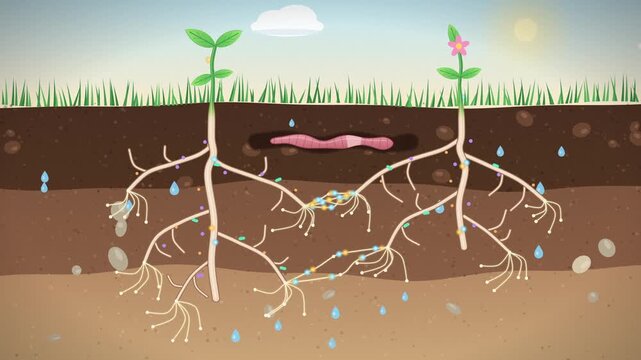 Underground cross section showing plant root systems absorbing water droplets and mineral nutrients through fungal mycorrhizal networks while earthworm moves through soil layers