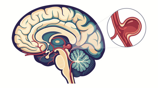 Brain aneurysm illustration with human brain cross section and magnified bulging blood vessel