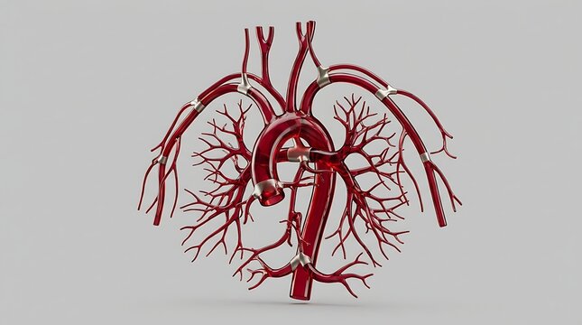 Human aorta and branching blood vessels isolated on a clean light gray background