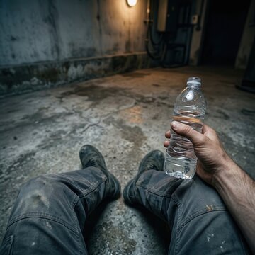 A man in a bunker sits on a concrete floor and holds a bottle of water