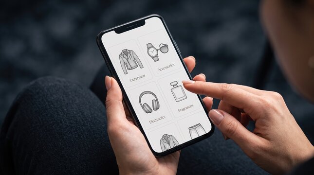 Woman using smartphone app for online shopping interface displaying fashion categories like clothing accessories electronics fragrances