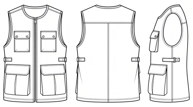 Multi-Pocket Utility Vest Fashion Technical Sketch Template - Front, Back, and Side View Vector Drawing