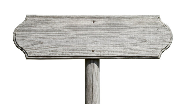 Weathered grey wooden signpost with a rectangular board and decorative edges