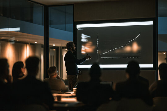 In a dim office a professional man stands before a glowing screen presenting an upward trending growth graph to a group of attentive colleagues highlighting a successful business development